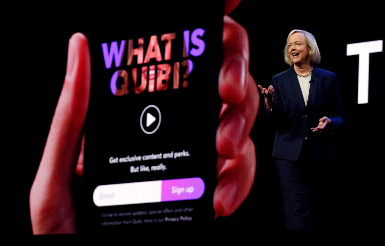 Meg Whitman, CEO Quibi, menjelaskan fitur dan layanan Quibi saat acara rilisnya aplikasi.